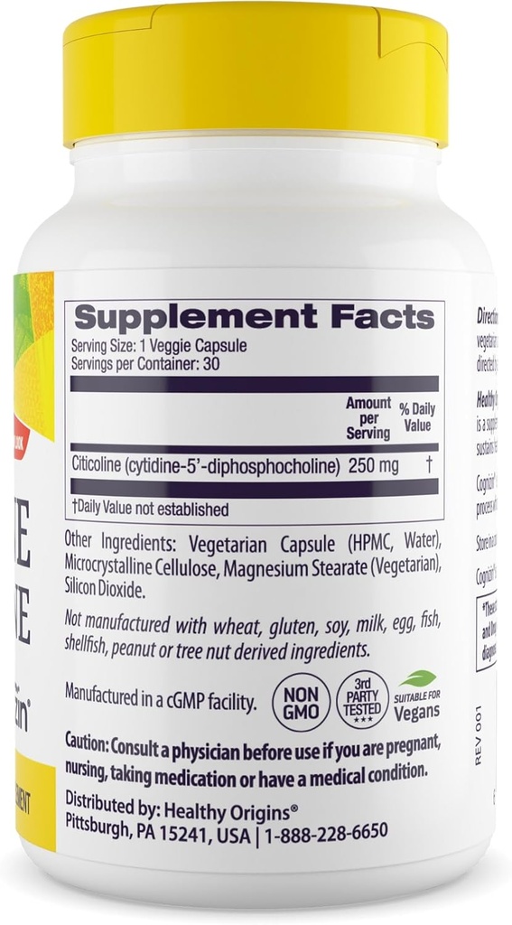 Healthy Origins Cognizin (Citicoline), 250 mg - Brain Supplement for Memory with Citicoline CDP Choline - Non-GMO, Vegan & Gluten-Free Supplement - 30 Veggie Capsules 3
