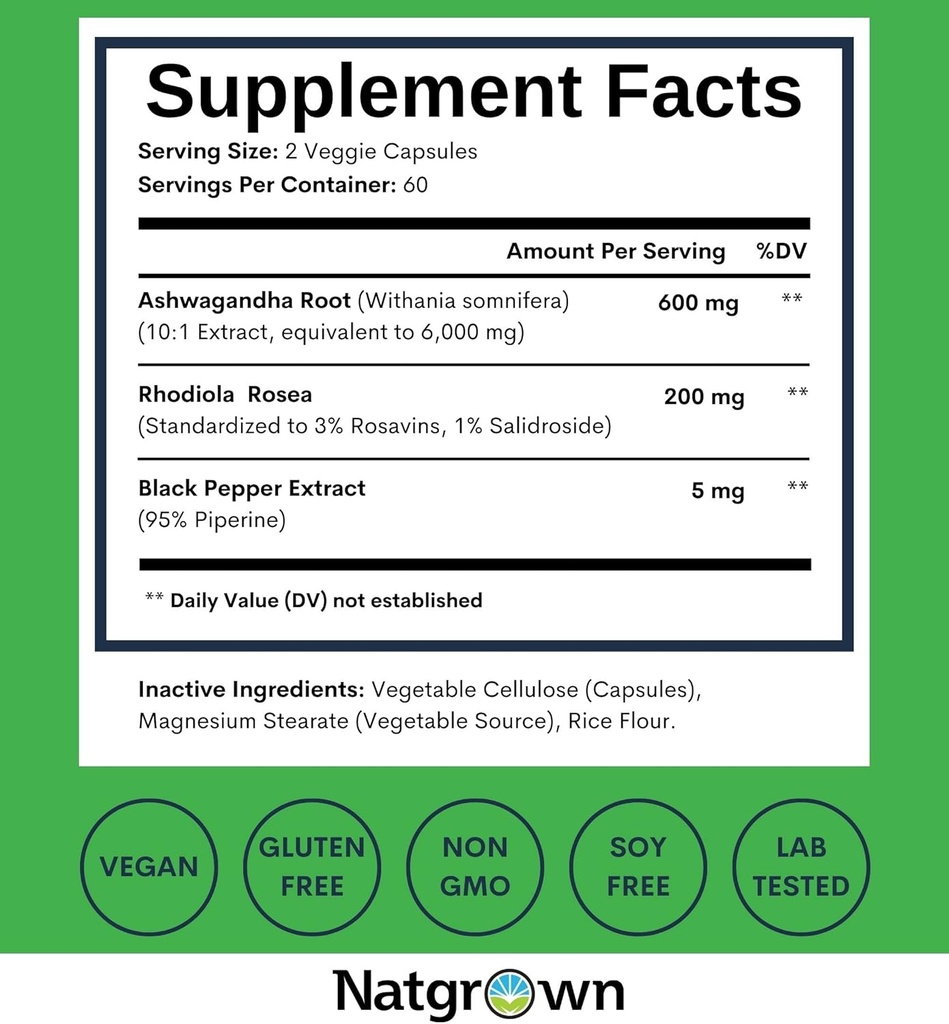 Natgrown Rhodiola Rosea with Ashwagandha Root Extract Capsules - Standardized to 3% Rosavins and 1% Salidroside - 120 Count 5