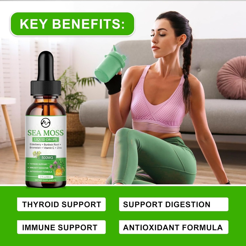 Sea Moss Liquid Drops - Irish Sea Moss 2000mg with Elderberry, Burdock Root, Bromelain, Vitamin C and Zinc - 98 Essential Minerals Seamoss Supplement for Immune, Joint, Digestion, Aging Support - 2oz 5