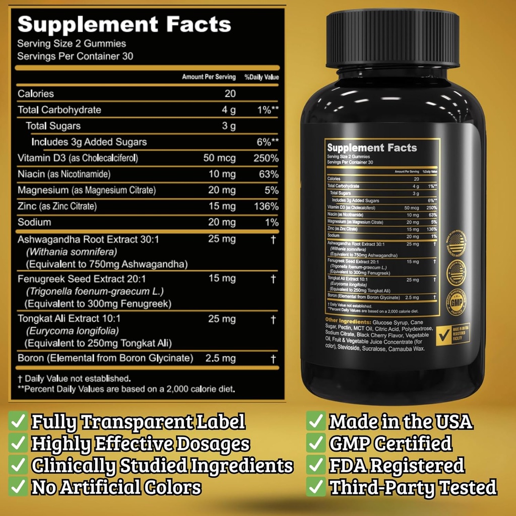 Gold Label Testosterone Booster Gummies with Tongkat Ali, Zinc, D3, Ashwagandha, Fenugreek, Magnesium, Boron for Male Enhancement, Muscle Building, Vitality, Strength, Performance, Energy - 60 Count 6