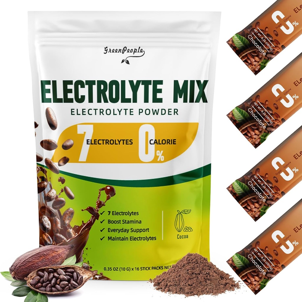 GREENPEOPLE Zero Sugar Electrolyte Powder Mix - Hydration Packets, Cocoa Flavor - 7 Electrolytes - Vegan, Non-GMO - 16 Sticks 2