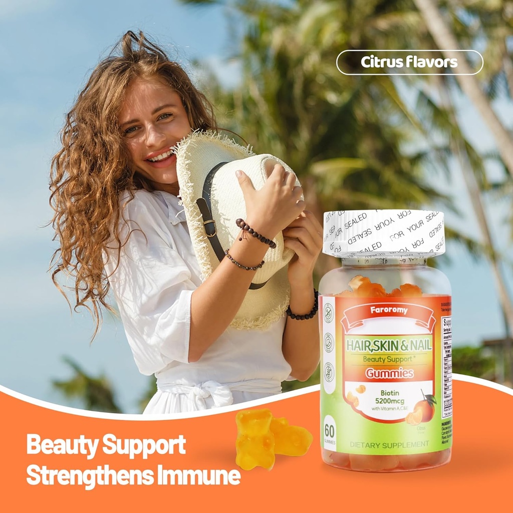 Multivitamin Gummies for Adult 5200mcg Biotin, Citrus Flavored Daily Multivitamins with Vitamins A, C, D3, E, B6 and B12, Zinc-Skin, Hair Growth, All Over Health 5