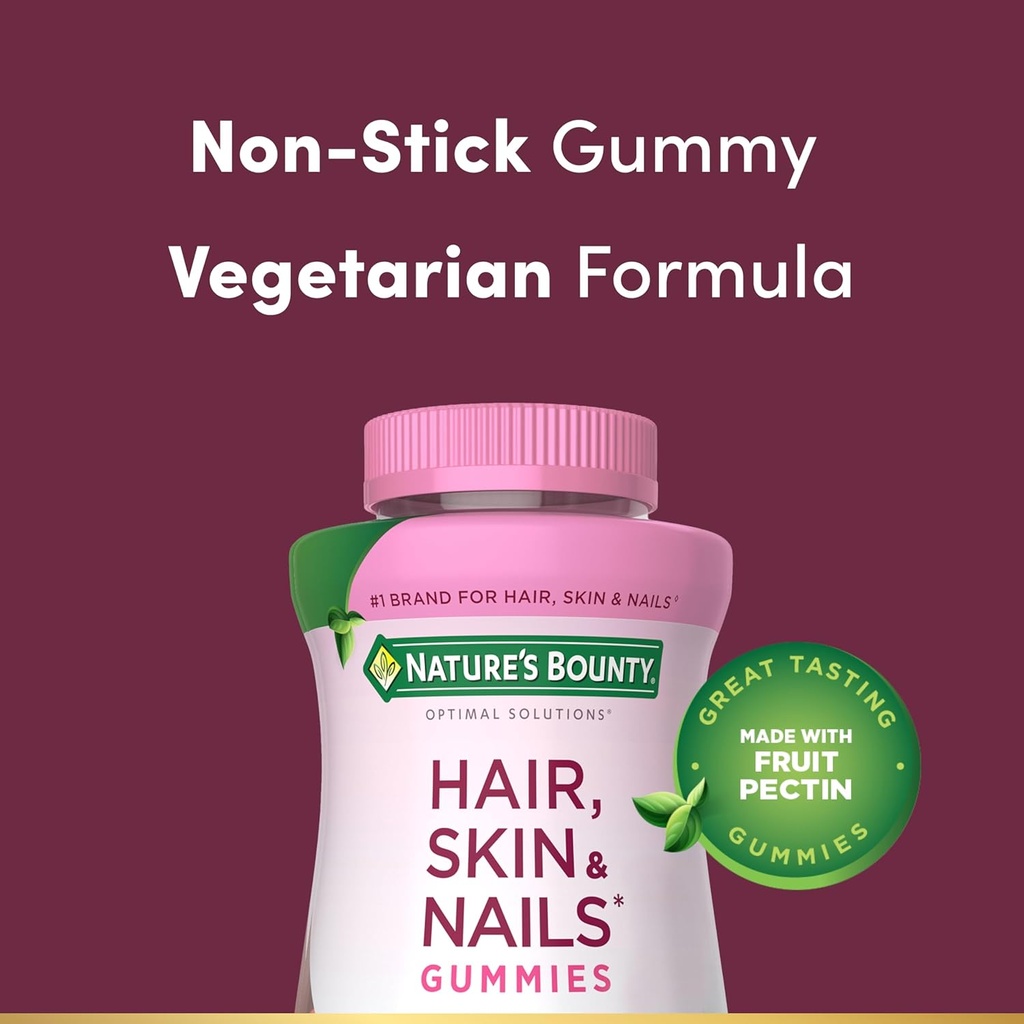 Nature's Bounty Optimal Solutions Hair, Skin and Nails Pectin Gummies, 2500 mcg Biotin Per Serving, No Stick Gummy, Vegetarian Formula, Strawberry Flavor, 200 count, 100 Total Servings 4
