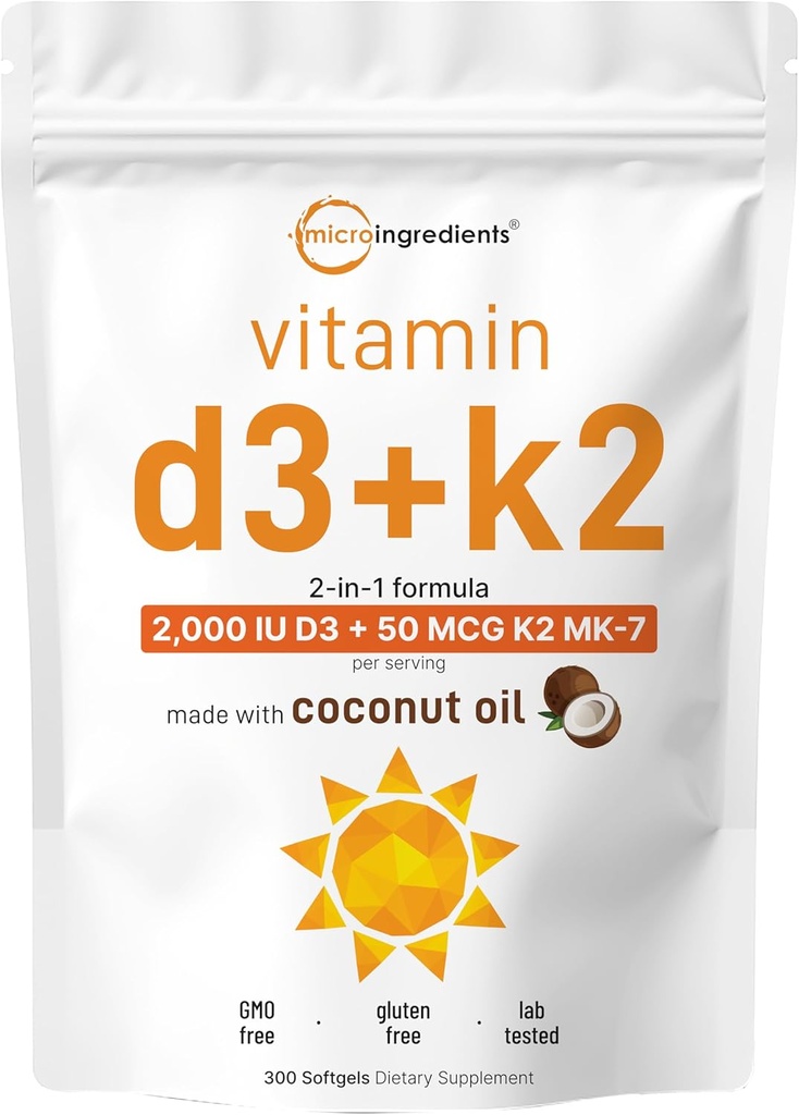 Micro Ingredients Vitamin D3 2,000 IU + K2 MK-7 50 mcg, 300 Softgels | Virgin Coconut Oil | 2-in-1 Bone, Immune & Heart Support | Easy to Swallow, Non-GMO 2