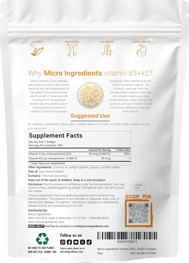 Micro Ingredients Vitamin D3 2,000 IU + K2 MK-7 50 mcg, 300 Softgels | Virgin Coconut Oil | 2-in-1 Bone, Immune & Heart Support | Easy to Swallow, Non-GMO 3