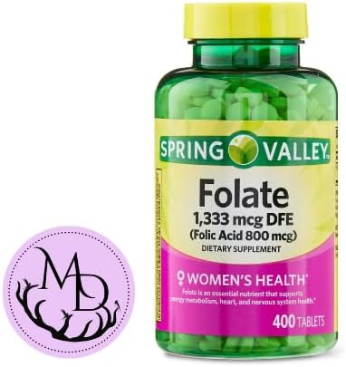 Generic Spring Valley Folate 1,333 mcg DFE, Folic Acid 800 mcg, 400 Tablets - Dietary Supplement, Women's Health Boost, Metabolism & Heart Support - Bundle with+ Sticker Dri Store 2