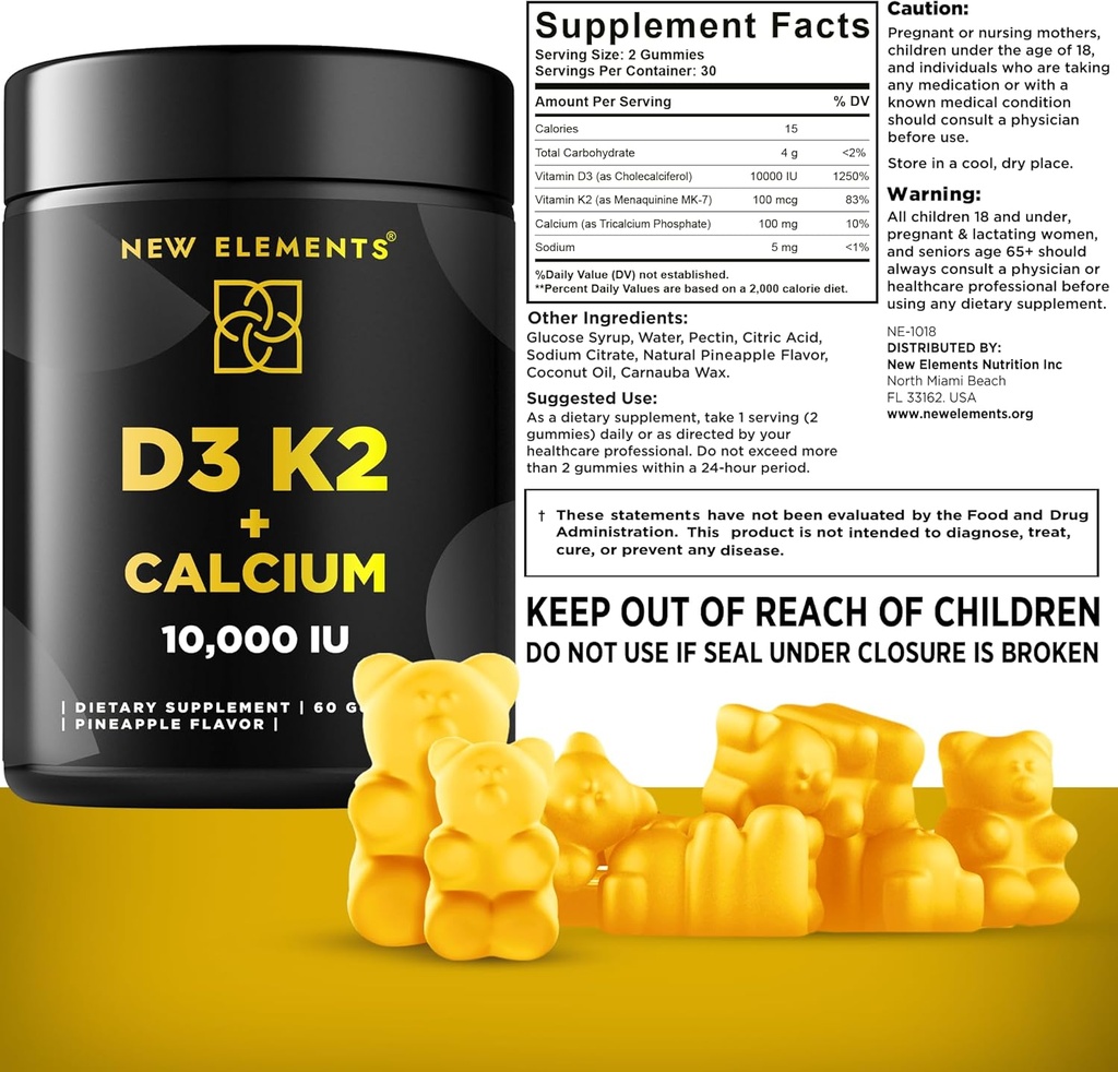 Vitamin D3 K2 Gummies 10000 IU with Calcium 100mg - VIT D3 for Adults - Mk7 Vitamin K2 100mcg - Vitamin D Supplement for Men & Women - Vegan Gluten Free Non-GMO 4