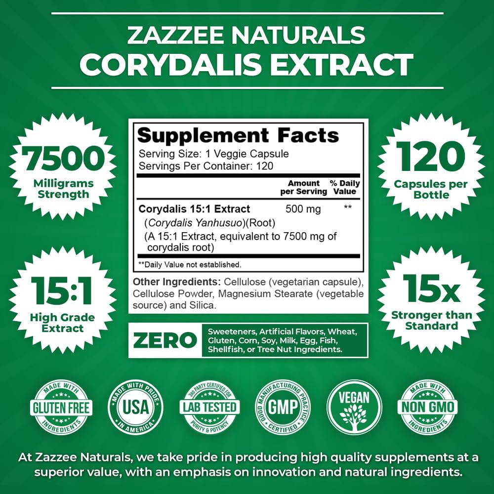 Zazzee Extra Strength Corydalis 15:1 Extract, 7500 mg Strength, 120 Vegan Capsules, Concentrated and Standardized 15X Extract, 100% Vegetarian, Premium Grade, Conolidine, All-Natural and Non-GMO 4