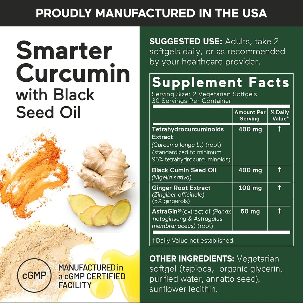 Smarter Nutrition Curcumin Softgels - Vegan High Absorption 400 mg Curcumin Supplement Standardized to 95% Tetrahydrocurcuminoids + Black Seed Oil & Ginger for Joint & Immune Health - 360 Ct 5