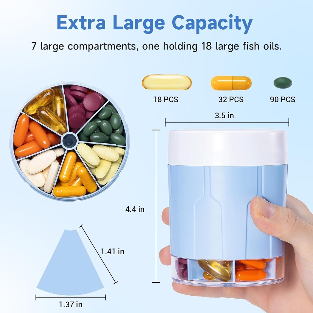 Daviky Pill Bottle Organizer, Supplement Organizer with 7 Large Compartments, Travel Pill Dispenser Round Pill Box with Two Lids（Blue） 4