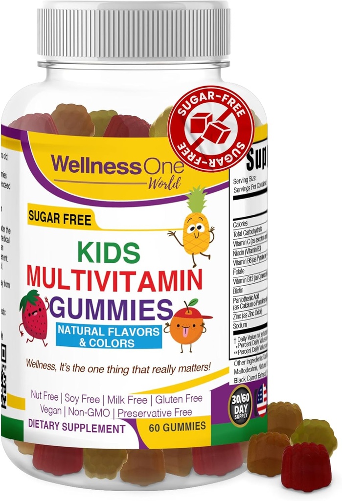 WellnessOne Kids Multivitamin Gummies - Sugar-Free Immune Support Supplement Packed with Vitamin C, B6, B12, Folic Acid & More - Natural Strawberry, Pineapple & Orange Flavors - 60 Gummy Vitamins 2