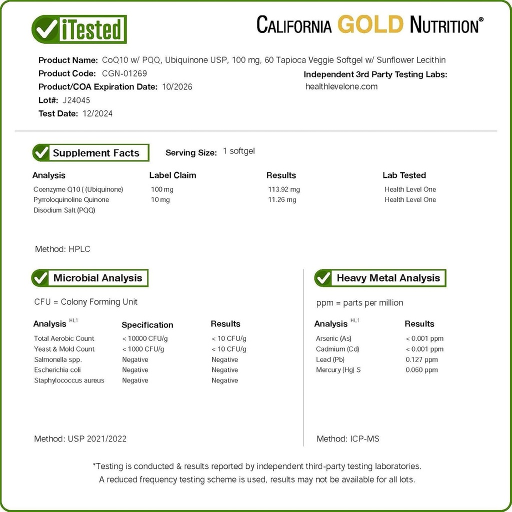California Gold Nutrition CoQ10 with PQQ, Ubiquinone USP, Tapioca Veggie Softgel with Sunflower Lecithin, 100 mg, 60 Veggie Softgel 5
