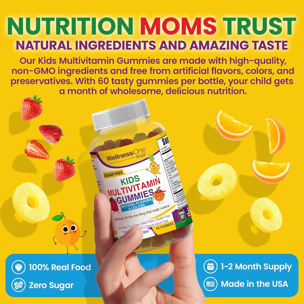 WellnessOne Kids Multivitamin Gummies - Sugar-Free Immune Support Supplement Packed with Vitamin C, B6, B12, Folic Acid & More - Natural Strawberry, Pineapple & Orange Flavors - 60 Gummy Vitamins 5