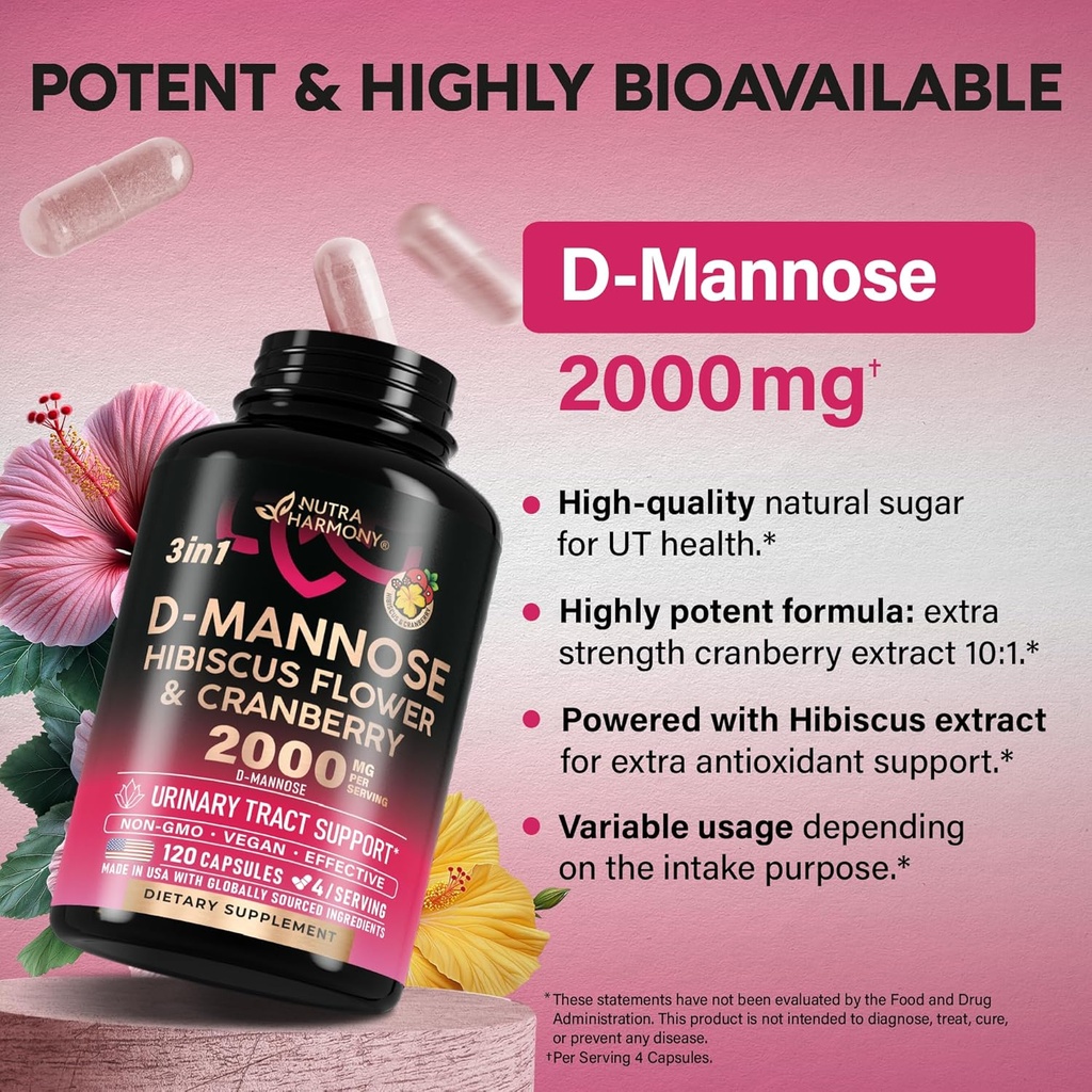 D-Mannose 2000mg with Cranberry 500mg & Hibiscus - Clinically Tested Strength for Urinary Tract Health - Supplement for Women - Bladder, Liver & Microflora Support - Made in USA - Vegan, Pack of 2 5