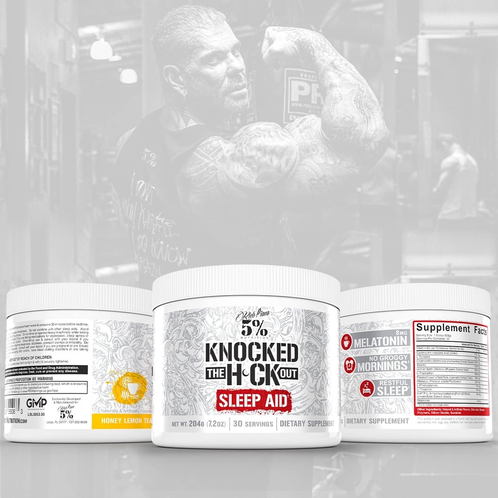 5% Nutrition Rich Piana Knocked Out Natural Sleep Aid | Post-Workout Recovery & Deep Sleep Supplement | GABA, Melatonin, Chamomile, Tyrosine, 5-HTP, & More | 7.2 oz, 30 Servings (Apple Cider) 6