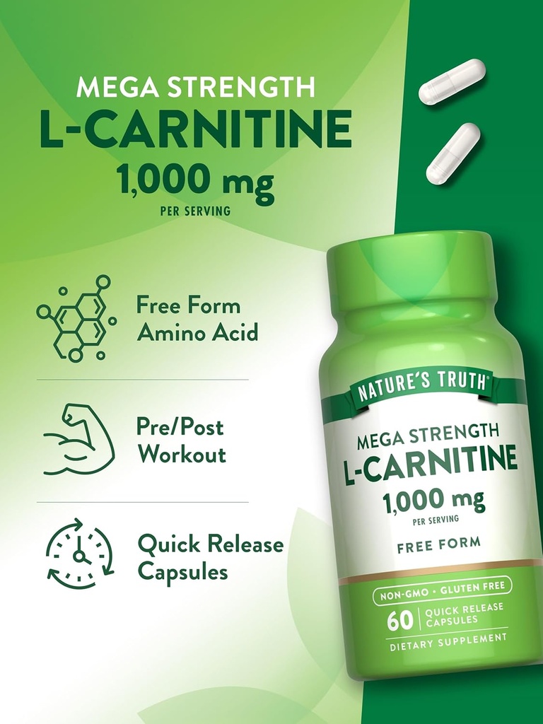 Nature's Truth L-Carnitine 1000mg | 60 Capsules | Mega Strength | Free Form | Non-GMO & Gluten Free Supplement 6