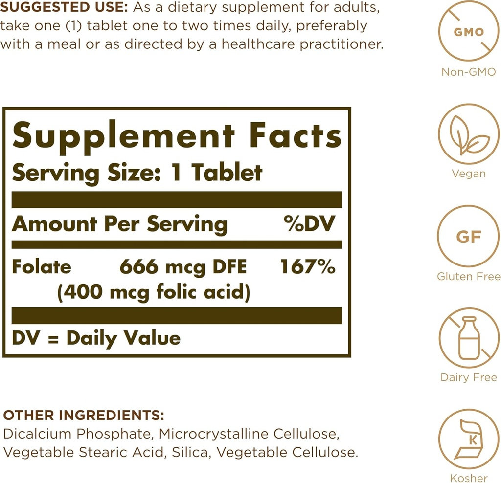 Solgar Folate 666 mcg DFE (Folic Acid 400 mcg) - 250 Tablets - Prenatal Support - Non-GMO, Vegan, Gluten Free, Dairy Free, Kosher - 250 Servings 3