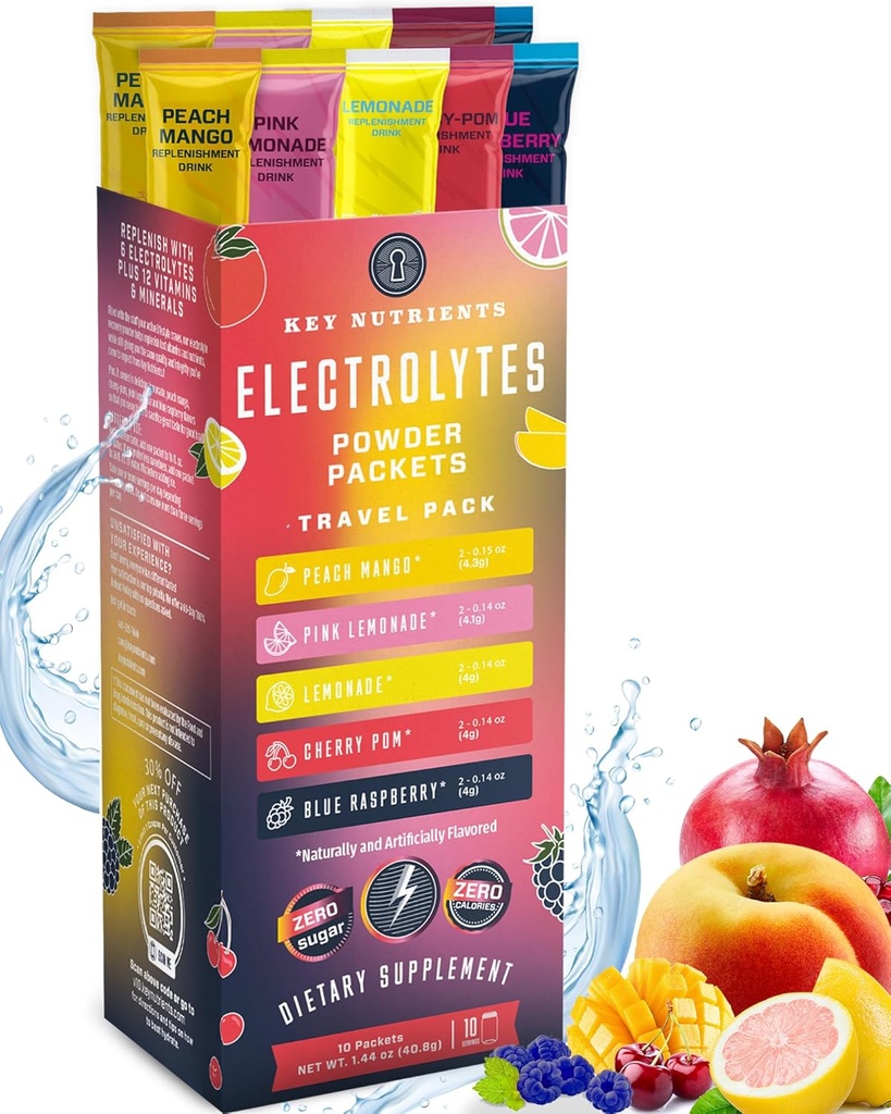 KEY NUTRIENTS Electrolytes Powder Packets 20 Pack - No Sugar, 5 Delicious Flavors, Hydration Packets with Electrolyte Powder for Refreshing Electrolyte Drink Mix Packets - Zero Calories 2