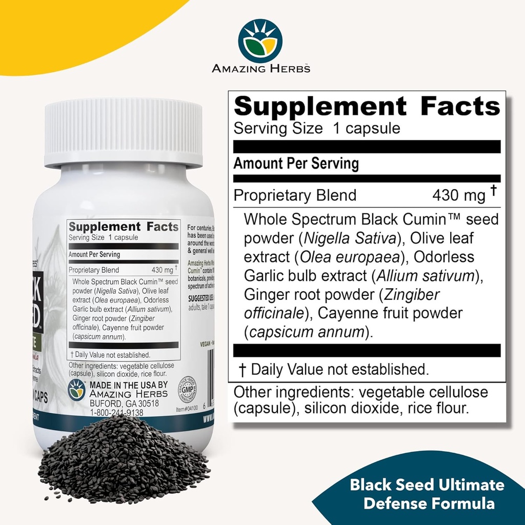 Amazing Herbs Whole Spectrum Black Seed Ultimate, Vegetarian Capsules - Olive Leaf & Garlic Extracts Plus Ginger & Cayenne, Gluten Free, Non GMO, Vegan - 100 Count 3