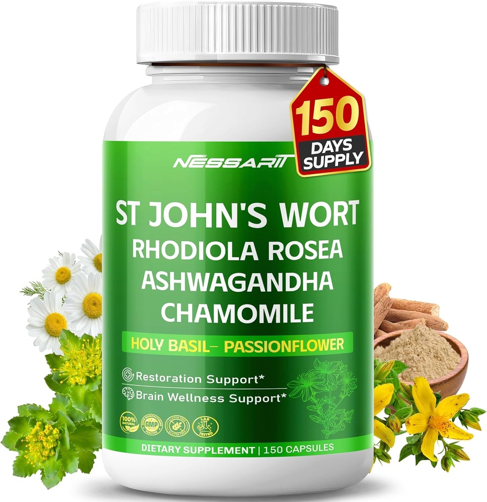 ST John's Wort 14-in-1 Natural Blend with Rhodiola Ashwagandha Chamomile Holy Basil L-Theanine Valerian Passionflower - 150 Count - Made & Tested in The USA 2