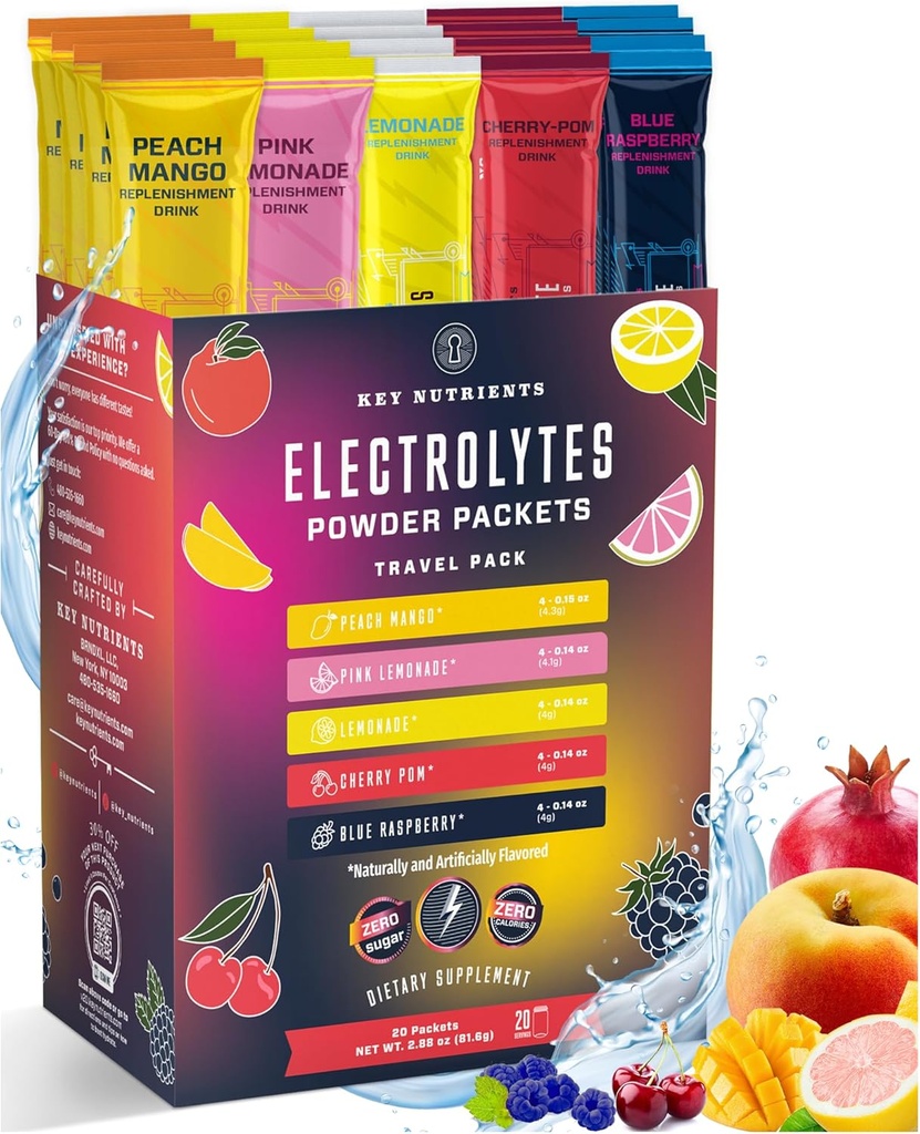 KEY NUTRIENTS Electrolytes Powder Packets 20 Pack - No Sugar, 5 Delicious Flavors, Hydration Packets with Electrolyte Powder for Refreshing Electrolyte Drink Mix Packets - Zero Calories 6