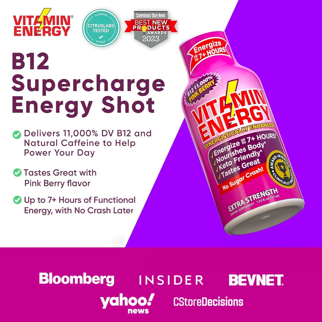 Vitamin Energy B12 11,000% Extra Strength Energy Shot Pink Berry 48 Pack, 260mg Natural Caffeine, B12 & B6, Nootropic Focus, Vitality, Zero Sugar, Gluten-Free, Vegan, Kosher, 1.93 fl oz 6