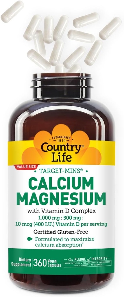 Country Life Target-Mins Calcium Magnesium with Vitamin D-Complex, 1000mg/500mg/10mcg, 360 Vegan Capsules, Certified Gluten Free, Certified Vegan, Verified Non-GMO Verified… 4