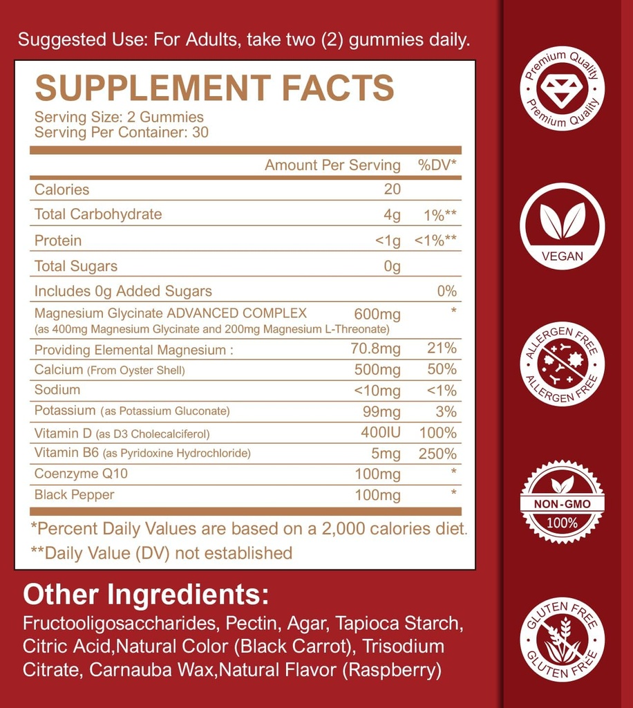 Magnesium Glycinate Gummies, Sugar Free Magnesium Supplement with Magnesium Glycinate 400mg, Magnesium L-Threonate 200mg for Calm Mood, Muscle, Bone & Sleep for Adults, 60 Raspberry Gummies 3