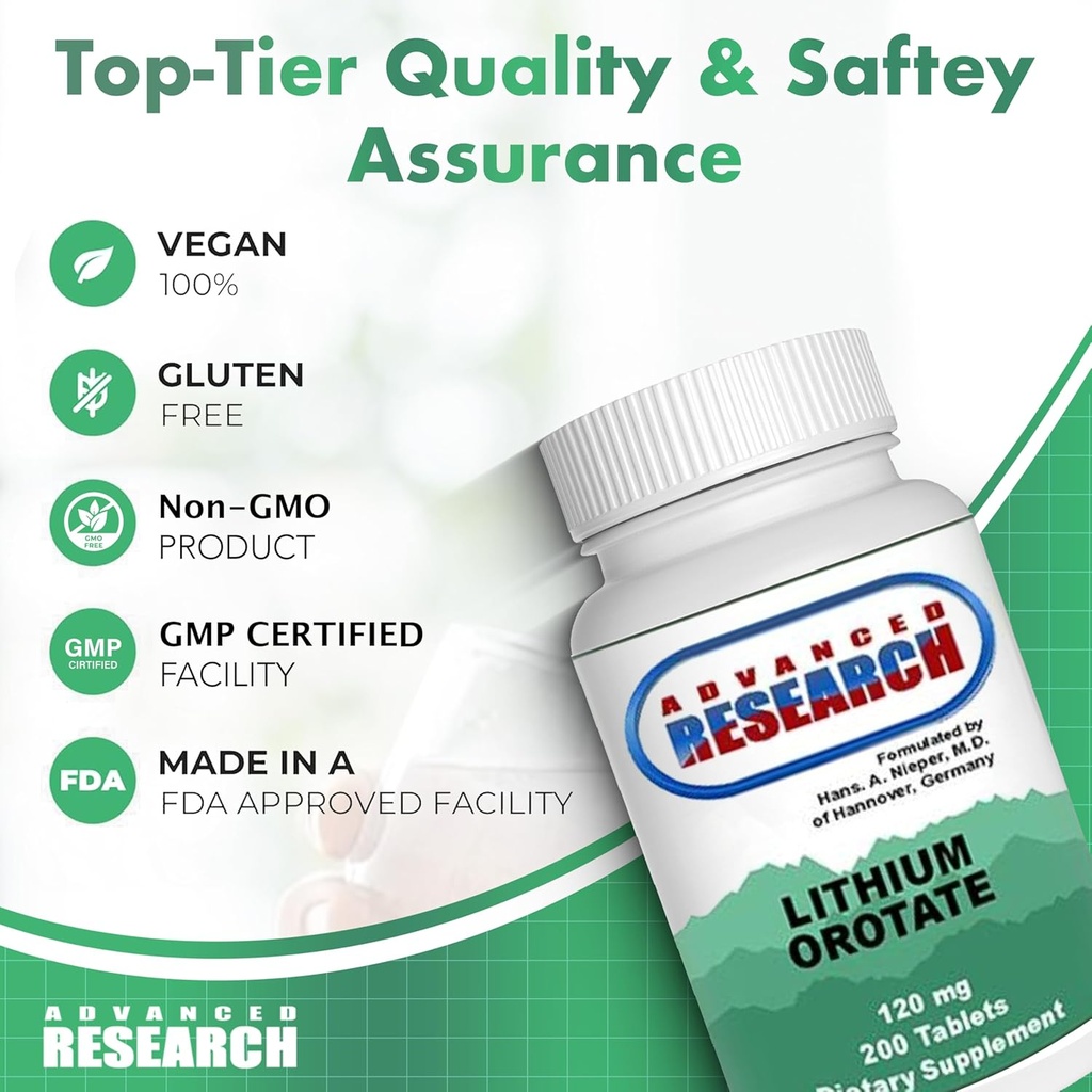 Dr. Hans Nieper Lithium Orotate 5mg, 200 Count, Lab Tested, Non-GMO, Gluten Free, Vegan Friendly, Supports Brain Health 6