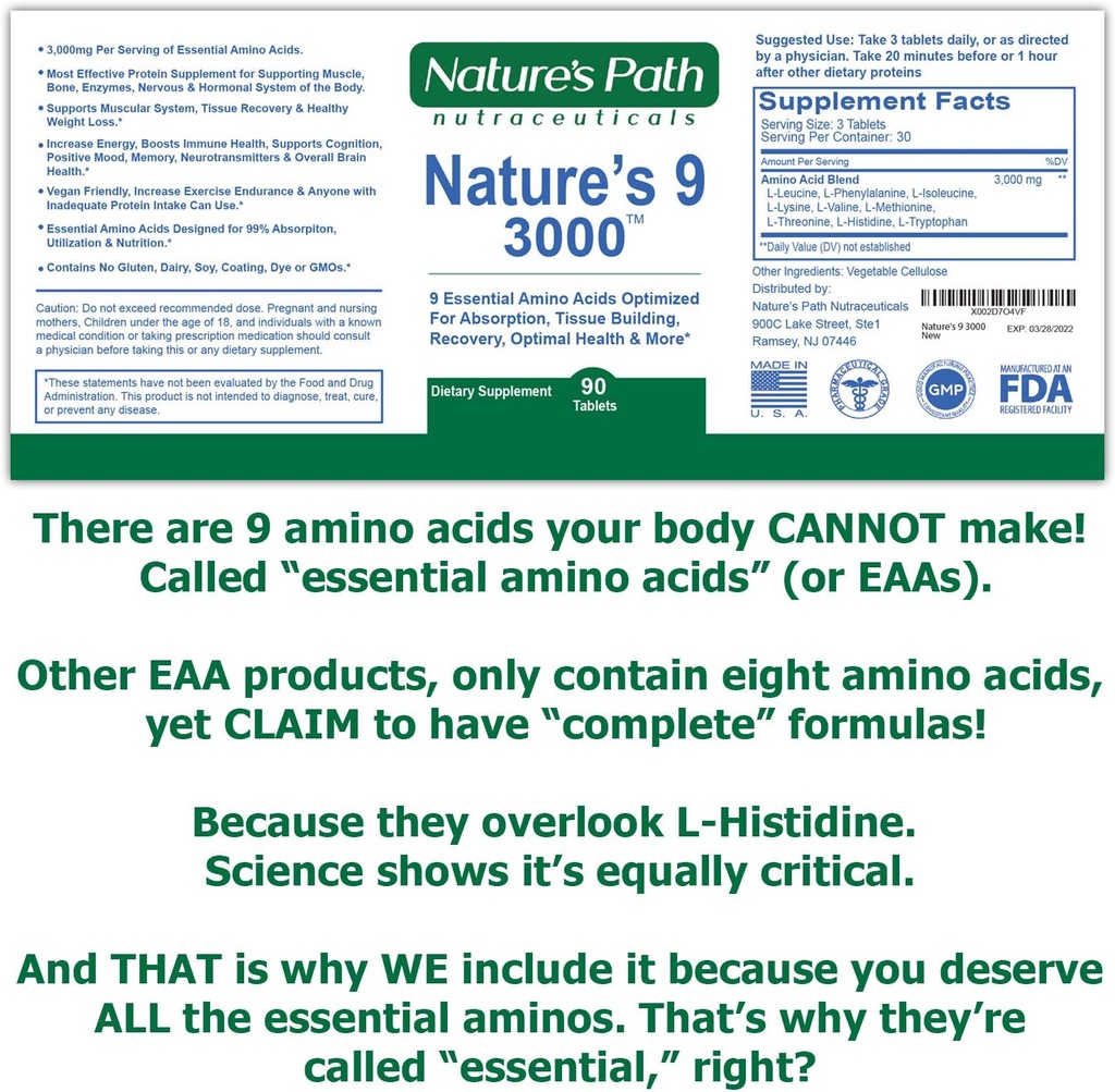 Nature's 9 3000 Essential Amino Acids Supplement, Best EAA Amino Acid Complex All 9 Essential Amino Acid Pills, Vegan Aminos 90 Pill 1 Gram Per Tablet 4