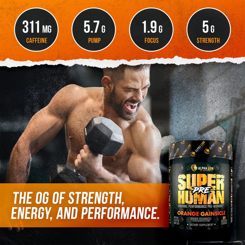 ALPHA LION Superhuman Pre Workout Powder, Beta Alanine, L-Taurine & Tri-Source Caffeine for Sustained Energy & Focus, Nitric Oxide & Citrulline for Pump (21 Servings, Orange Gainsicle) 4