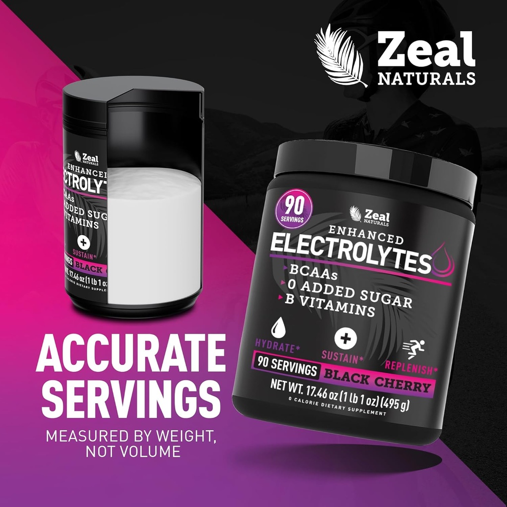 Zeal Naturals Electrolyte Powder Recovery Drink (90 Servings | Black Cherry) w 0 Sugar +BCAAs +B-Vitamins Electrolyte Supplement w Potassium Zinc & Magnesium for Hydration - Keto Electrolytes 6
