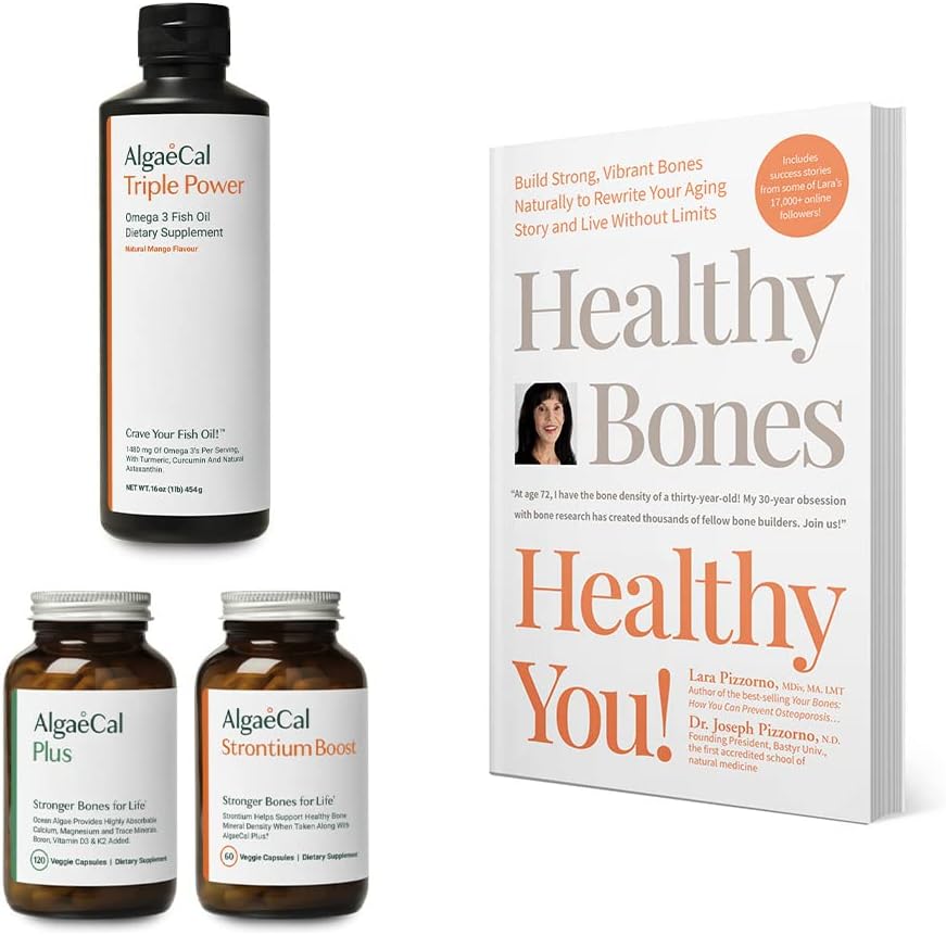 ALGAECAL Bundle - Bone Builder Pack, Calcium Supplement Vitamin D, K2, Strontium & Omega 3 Fish Oil with EPA & DHA & The Book by Lara Pizzorno Healthy Bones Healthy You 2