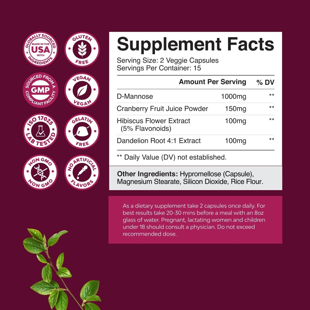 D Mannose Capsules for Urinary Tract Health - High Potency D-Mannose with Cranberry Juice Powder & Dandelion for Urinary Tract Health for Women Fast Acting Super Concentrated Cranberry - 30 Capsules 4