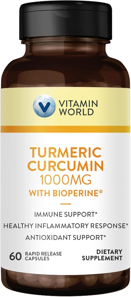 Vitamin World Turmeric Curcumin 1000mg, BioPerine Black Pepper Extract for Better Absorption, 95% Curcuminoids, Turmeric Supplement for Antioxidant & Joint Support, Gluten-Free, 60 Capsules 2