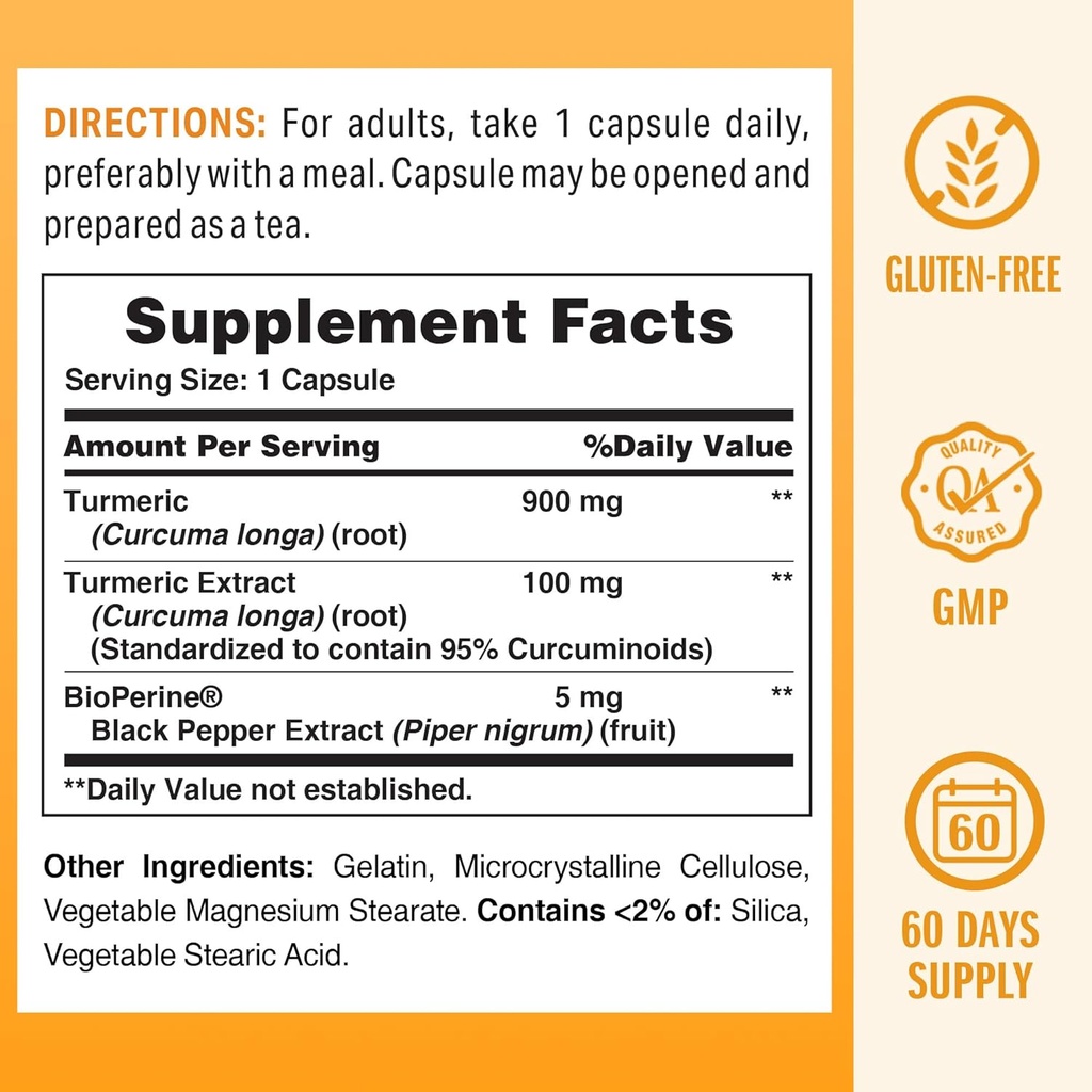 Vitamin World Turmeric Curcumin 1000mg, BioPerine Black Pepper Extract for Better Absorption, 95% Curcuminoids, Turmeric Supplement for Antioxidant & Joint Support, Gluten-Free, 60 Capsules 3