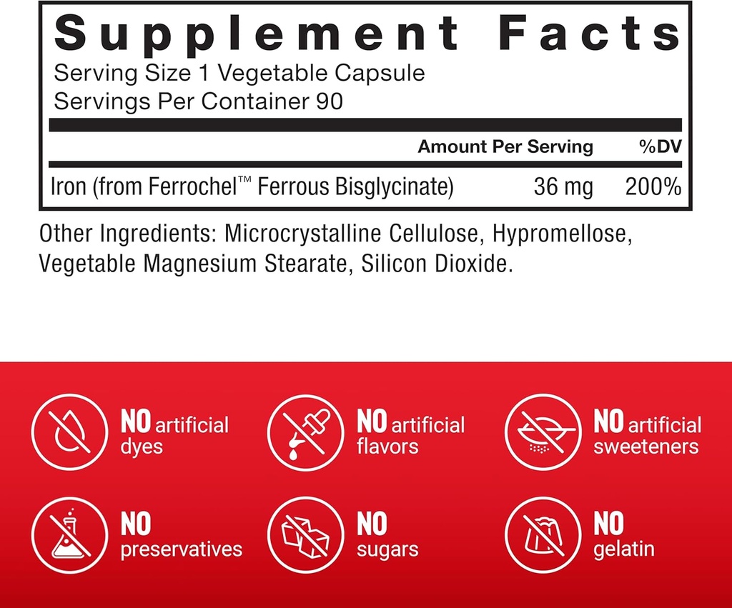 Force Factor, Iron Supplement for Women and Men, Non-Constipating, Gentle on The Stomach, Iron Bisglycinate 36mg, 90 Vegetable Capsules 6