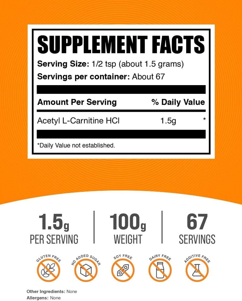 BulkSupplements.com Acetyl L-Carnitine Powder - as ALCAR HCl, Carnitine Supplement - Gluten Free, 1.5g per Serving, 100g (3.5 oz) (Pack of 1) 3