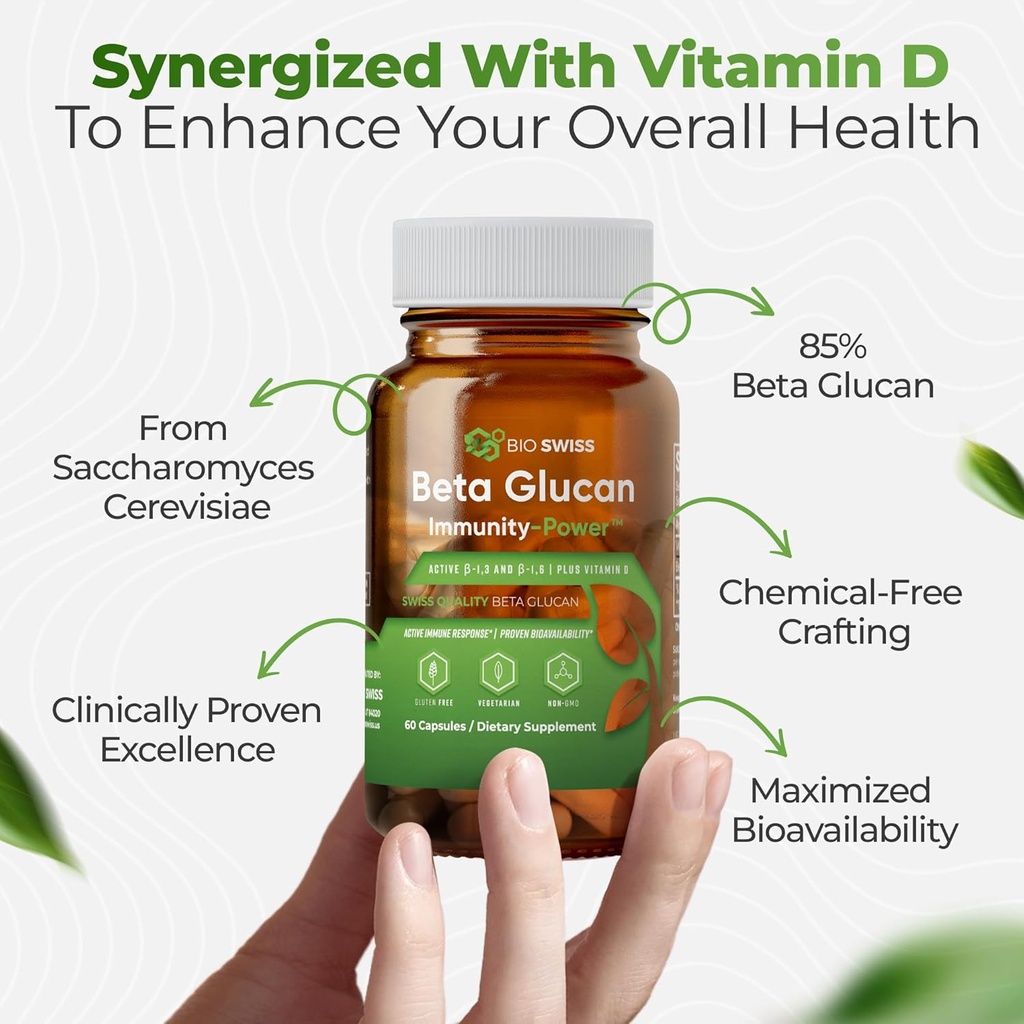 Bio Swiss Beta Glucan Immunity Power - 1,3D-1,6D Glucan with Vitamin D - Immune Support Supplement for Enhanced Defense and Wellness - Vegan, Gluten-Free (60 Capsules) 5