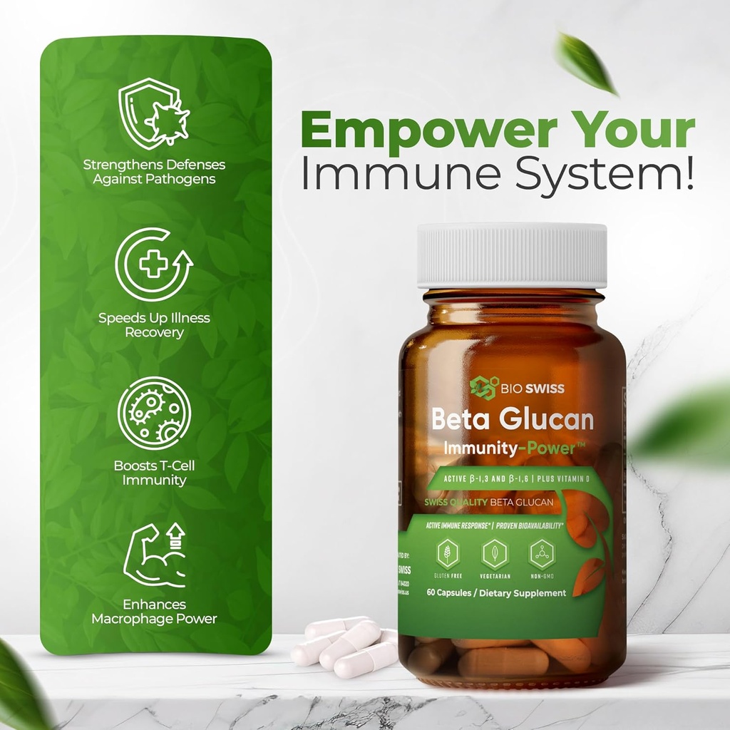 Bio Swiss Beta Glucan Immunity Power - 1,3D-1,6D Glucan with Vitamin D - Immune Support Supplement for Enhanced Defense and Wellness - Vegan, Gluten-Free (60 Capsules) 6