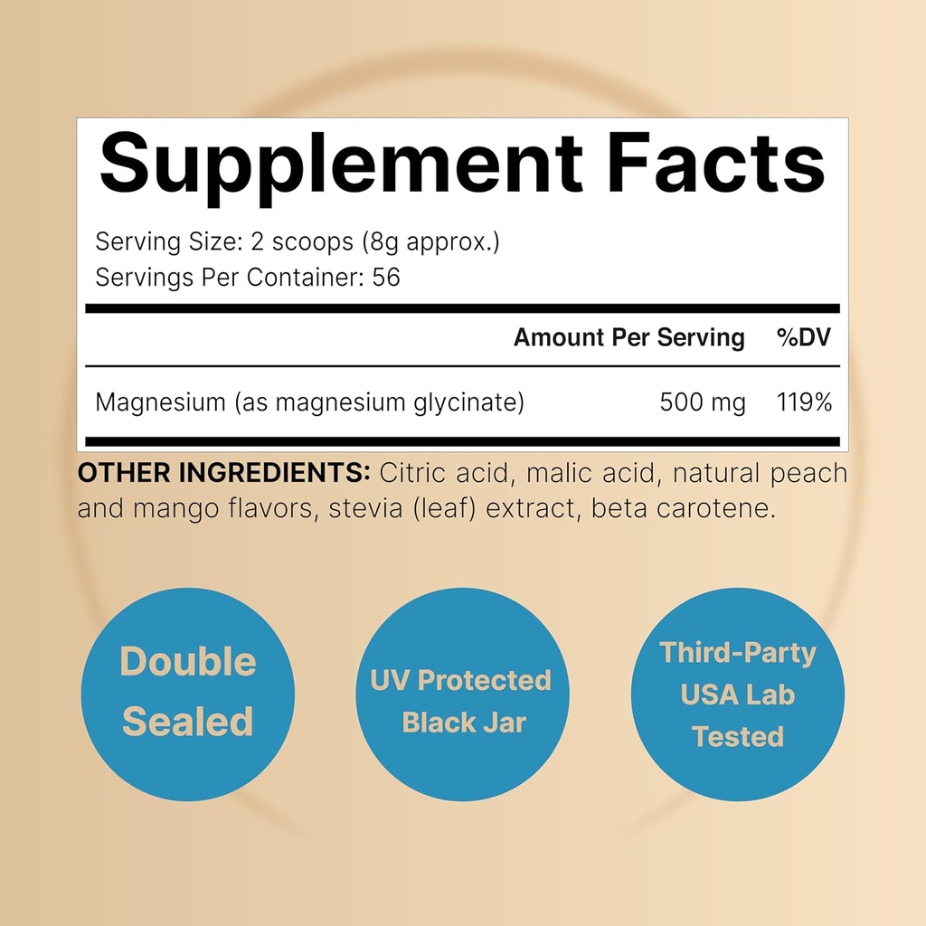 NatureBell Magnesium Glycinate Powder 500mg, 1lb (16oz) | 100% Chelated for High Absorption | Peach Mango Flavor | Supports Muscle, Bone & Heart Health | Sugar-Free, Bitterless, Non-GMO, Vegan 3