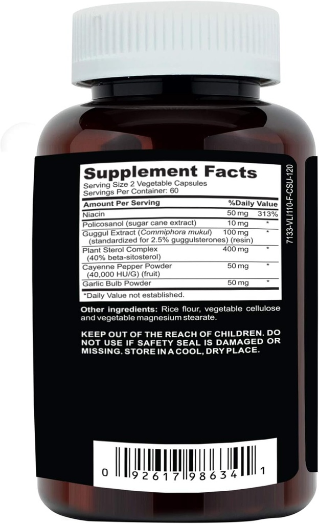 Clinical Daily Cholesterol Care Supplement. Vegan Cholesterol and Triglyceride Supplements. Plant Sterols Supplements Cholesterol Support with Guggul, Garlic, Niacin. 120 Capsules 5