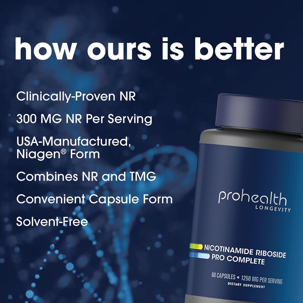 ProHealth Nicotinamide Riboside Pro Complete NAD+ Supplement. 500mg Patented Niagen NR (The Active Ingredient in NMN), Plus 250mg TMG, Plus 500mg Trans-Resveratrol. Equal to 690mg of NMN. 30 Servings 3