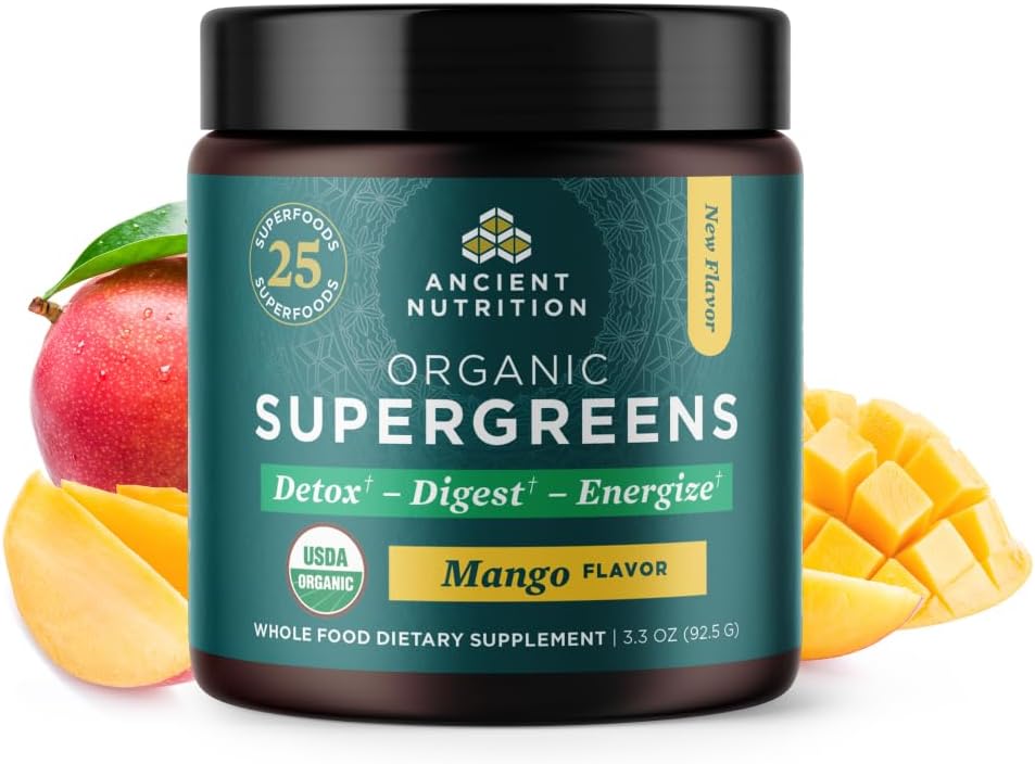 Ancient Nutrition SuperGreens Powder with Probiotics, Organic Mango Flavor Greens, Made from Real Fruits, Vegetables and Herbs, Digestive and Energy Support, 12 Servings, 3.3oz 2