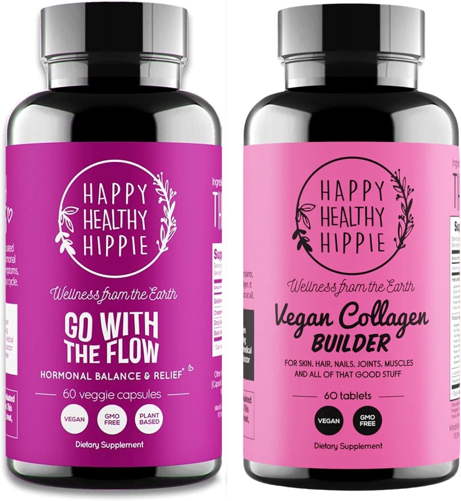 Happy Healthy Hippie Vegan Collagen Builder w/Hyaluronic Acid & Go with The Flow Hormone Balance for Women 2