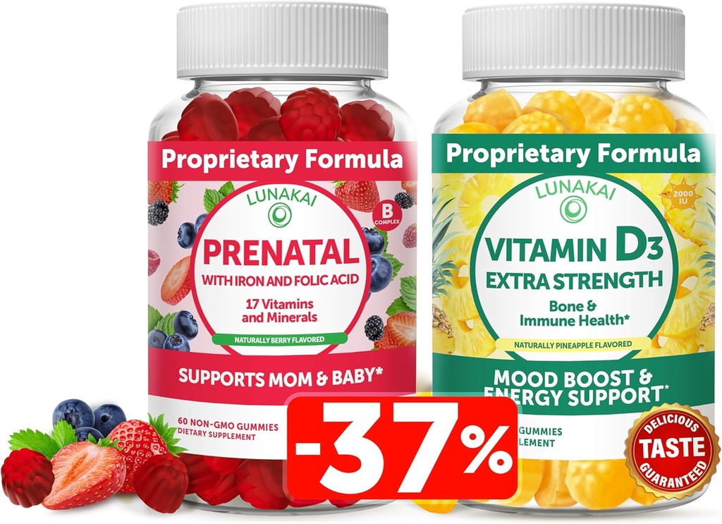 Lunakai Prenatal and Vitamin D3 Gummies Bundle - Pregnancy Multivitamin Gummy with Iron & Folic Acid - Immunity, Bone and Mood Support Supplement for Adults 2