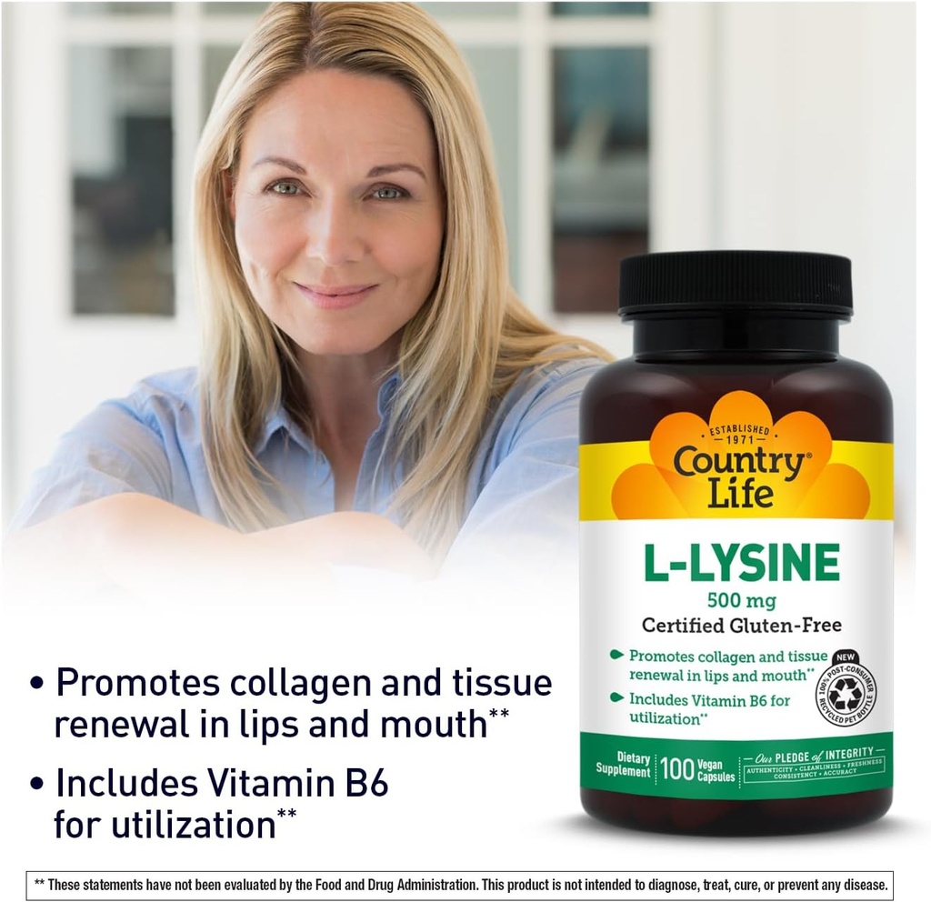 Country Life L-Lysine 500mg with B-6, Supports Immune Health, Promotes Collagen Renewal in Lips and Mouth, 100 Vegan Capsules, Certified Gluten Free, Certified Vegan 6