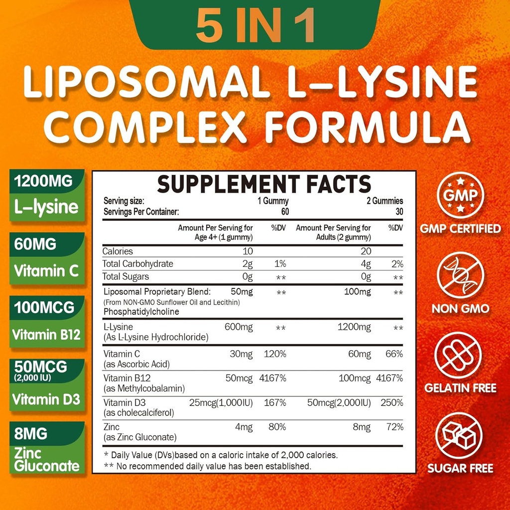 Liposomal L-lysine Gummies 1200mg, Lysine Chewable Supplement with Vitamin C, D3, B12 & Zinc for Adults & Kids, Immune & Collagen Support, Lips & Skin Health, Vegan, Natural Fruit Flavor, 60CT 3