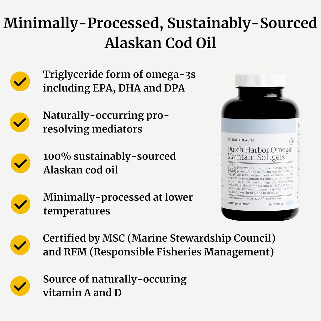 Big Bold Health Dutch Harbor Omega Maintain Softgels - Premium Alaskan Cod Liver Oil (120 Count) - Sustainably Sourced Omega-3 Supplement with EPA, DHA, DPA - Natural Vitamins A & D - MSC Certified 3