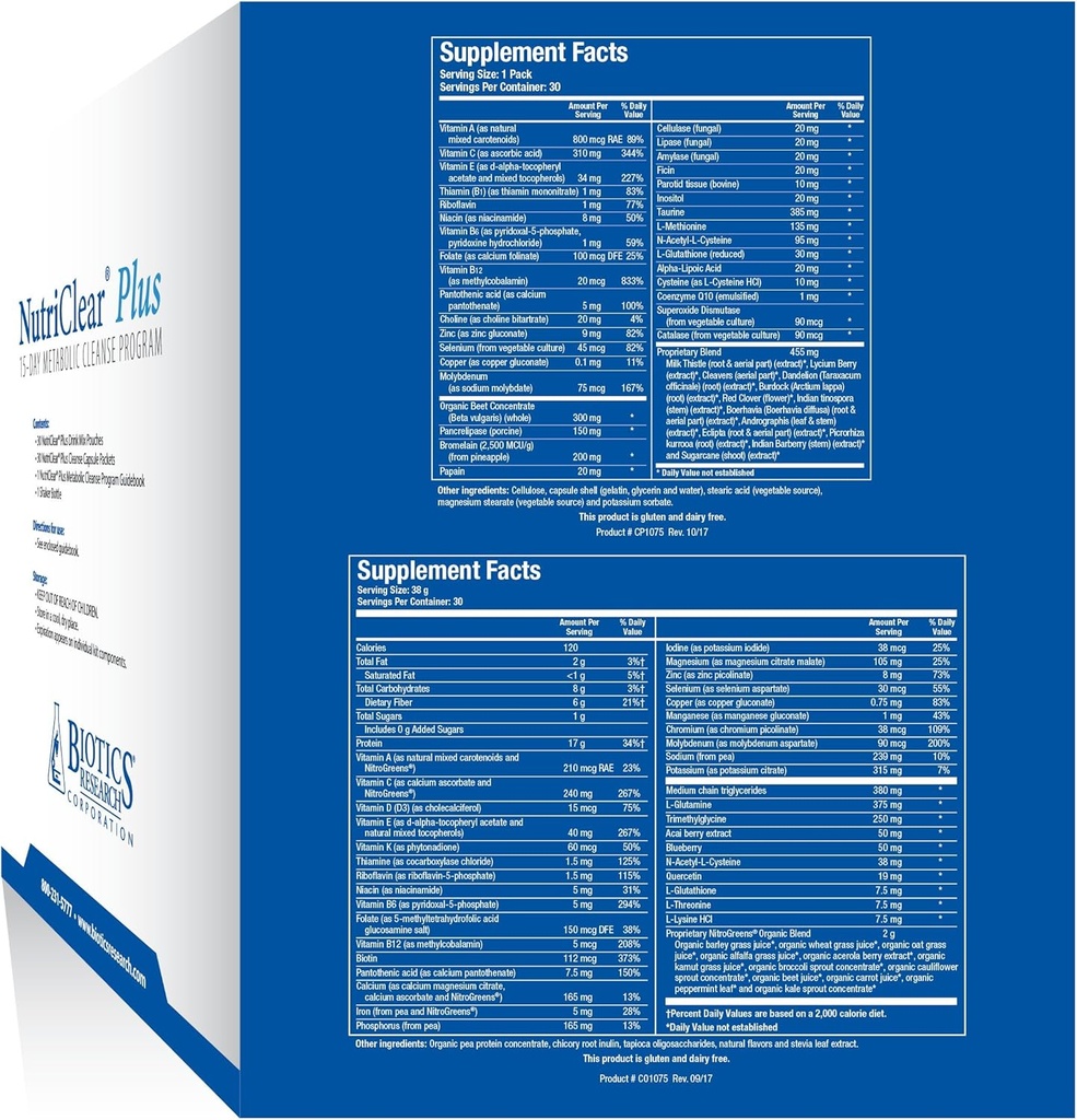 Biotics Research NutriClear Plus Detox Program, Convenient. Single Pack Serving. Easy to Follow Metabolic Cleanse Program. 17 Grams Organic Pea Protein/Serving, 30 Packs. Shaker Bottle. 3